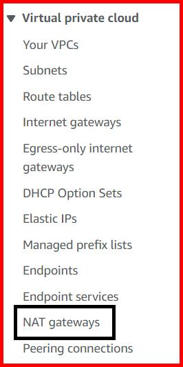 Picture showing the NAT Gateways menu in VPC dashboard